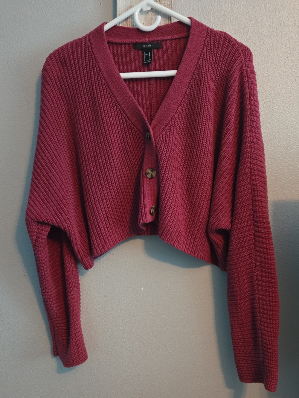 Forever 21 Burgundy Cropped Rib-Knit V-Neck Cardigan